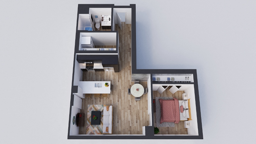 Floor plan for 1 bed, 1 bath, 742 sqft